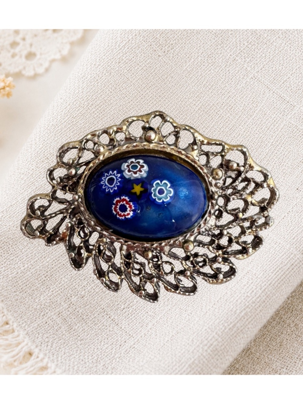 Blue Millefiori Brooch Silver Tone Filigree Glass Flower Star Pin 2.5in Vintage